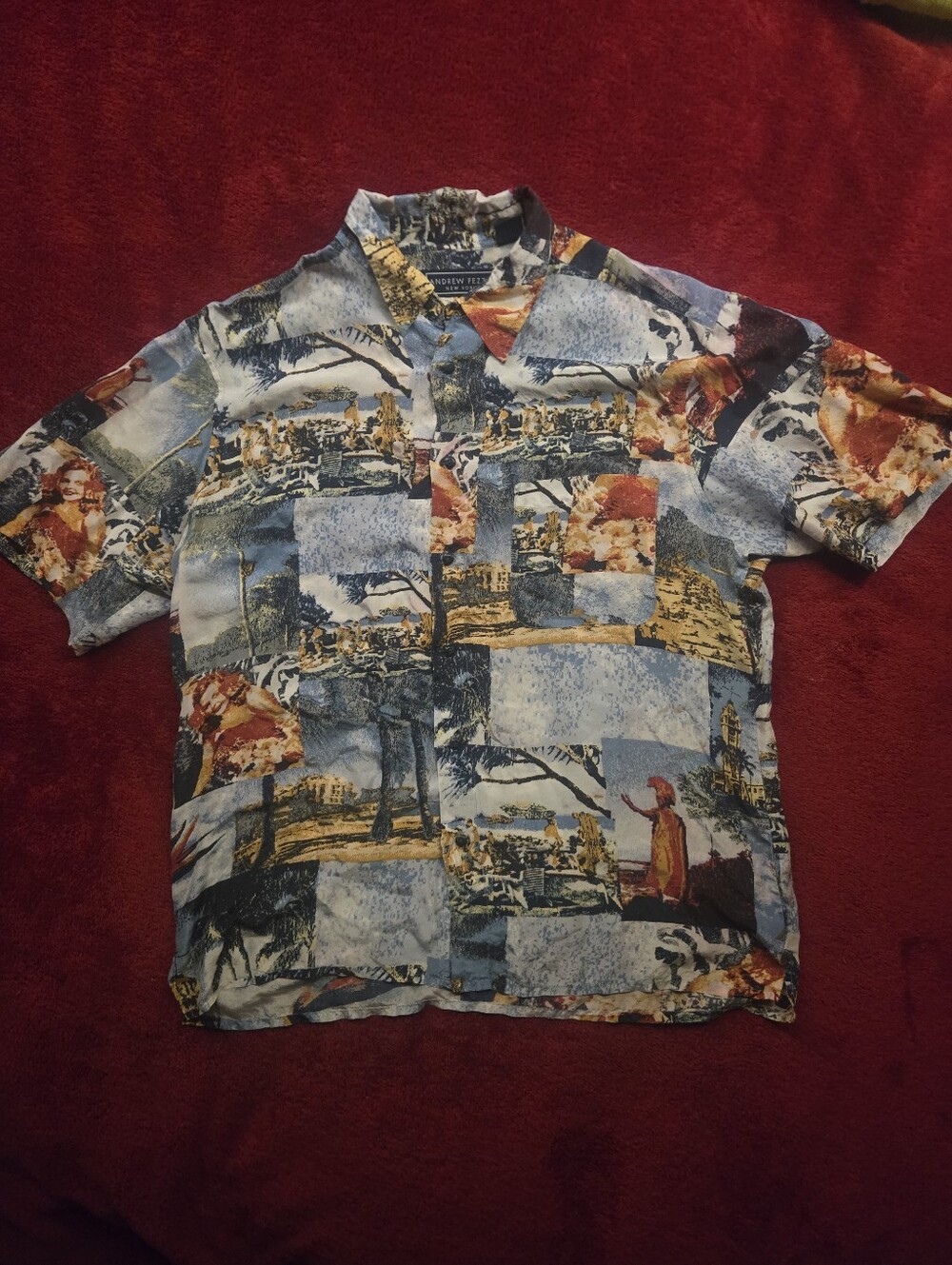 Silk Vintage-Style Cinema Print Short Sleeve Button Up